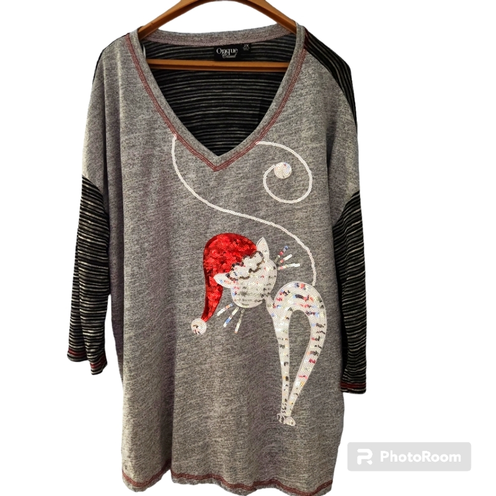 ONQUE CASUAL SEQUINNED CHRISTMAS KITTY 3/4 SLEEVE WOMENS SIZE 2X TOP